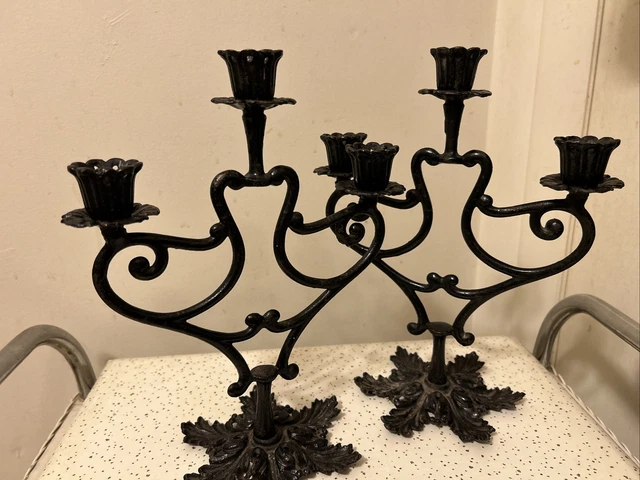 Vintage Pair Cast Iron Candle Holders Ornate Leaf Design Candelabras