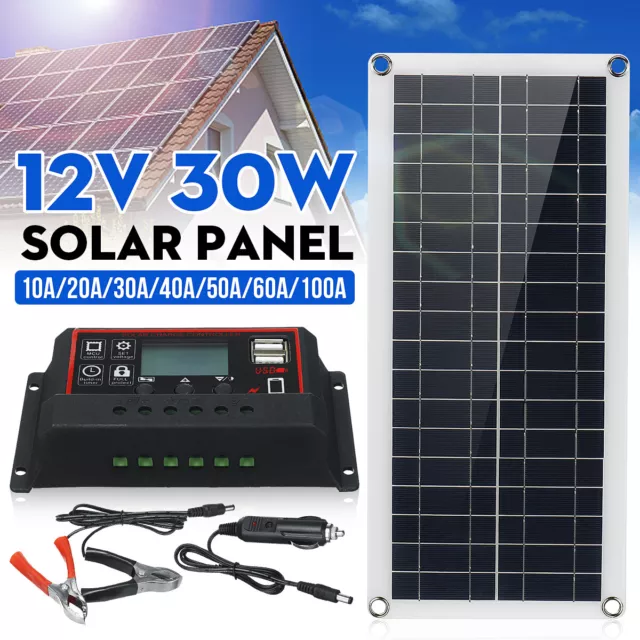 12V 30W Solar Panel Mono Battery Charger For Car Van Caravan Camping Boat Kit