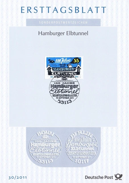 BRD 2011: Hamburger Elbtunnel 100! Ersttagsblatt mit der Nr. 2890! 1A! 1611