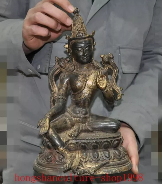 12.4" old Tibet Buddhism temple bronze gilt guanyin Goddess tara Buddha statue