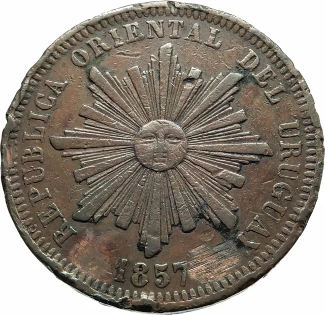 1857 D URUGUAY Antique Vintage Genuine Sun & Wreath 40 Centesimos Coin i79302