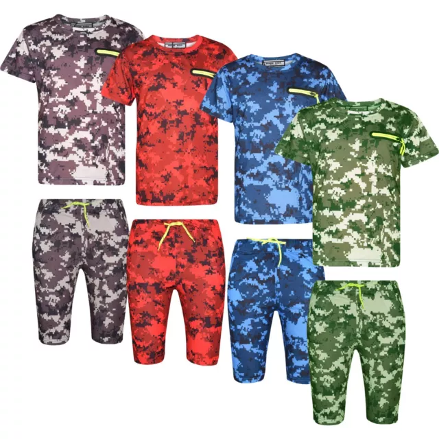 Ragazzi T-Shirt & Set Pantaloncini Militare Camouflage Bambini Vestiti Anni 3-14