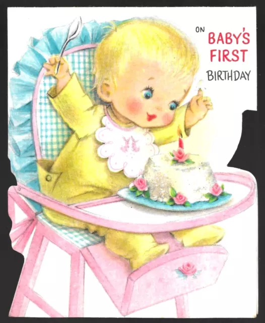 Vintage Baby First Birthday Greetings Card Die Cut Hallmark England 1940s-1950s