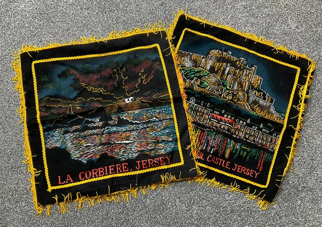 2 Vintage Kitsch Black Velvet Painted Souvenir Cushion Covers Jersey Landmarks