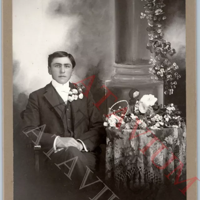 c1900s West Union, IA Handsome Young Man Cabinet Card Boy Flower Mural Iowa B15