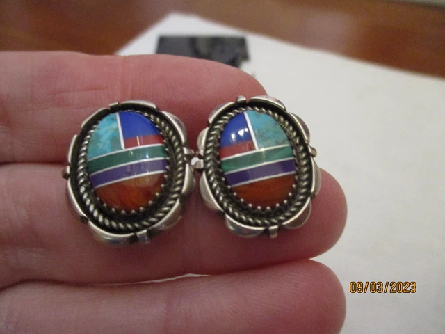 Vintage Navajo Native American Sterling silver inlay multi color stone earrings