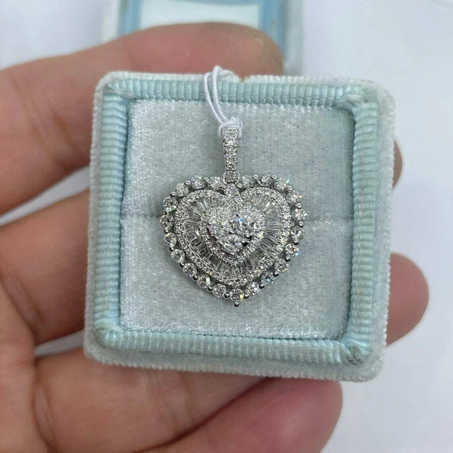 White Gold Plated Silver Simulated Diamond Cluster Heart Pendant 18" Free Chain