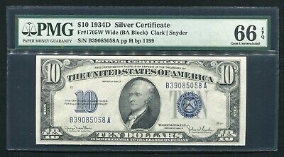 Fr. 1705W Wide 1934-D $10 Blue Seal Silver Certificate Pmg Gem Unc-66Epq