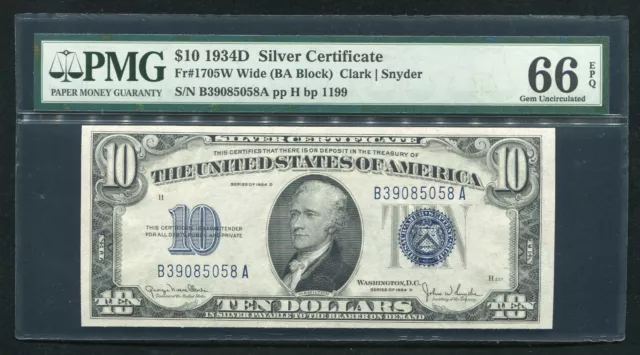 Fr. 1705W Wide 1934-D $10 Blue Seal Silver Certificate Pmg Gem Unc-66Epq