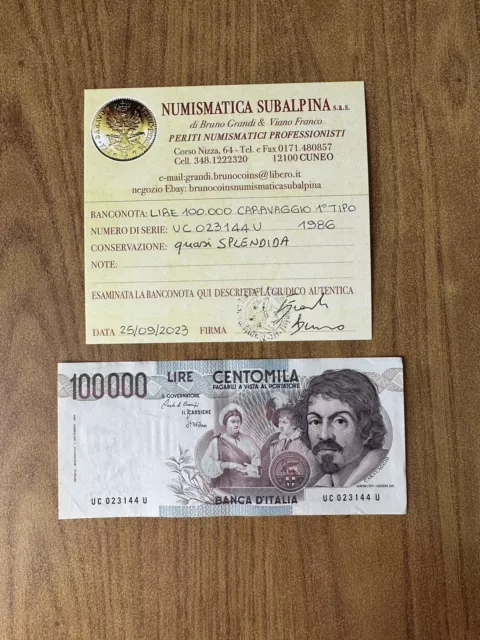 REPUBBLICA LIRE 100000 CARAVAGGIO 1º TIPO C 1986 certificata qSPL SUBALPINA