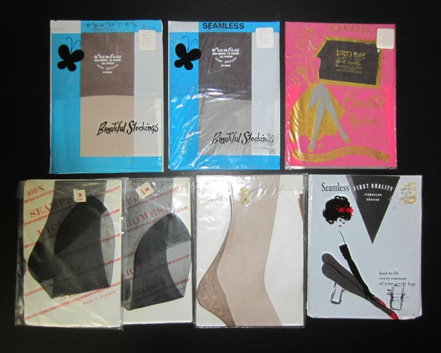 7 prs Vintage Stockings 9" BLACK & DARK SHADES Seam Free & Fully Fashioned (#J)