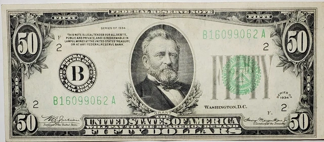 1934 Fifty Dollars Federal Reserve Note B16099062A Green Seal $50
