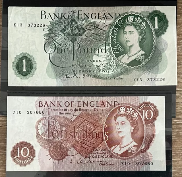 Old £1 One Pound Note & 10 Ten Shillings Note Bank Of England Uncirculated