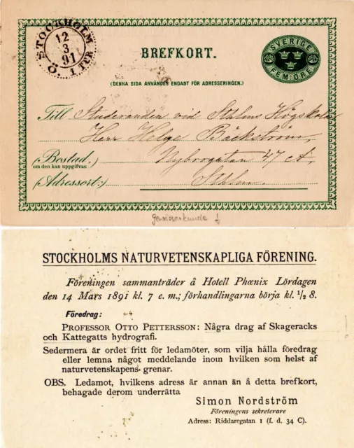 Schweden 1891, 5 öre Ganzsache m. rs. Zudruck Naturwissenschaftl. Gesellschaft