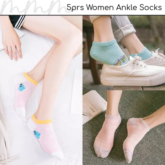 [Clearance] 5prs Women Socks Ankle Low Cut Animal Food Spot Colourful 3
