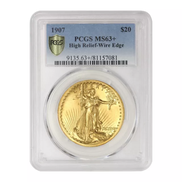 1907 $20 Gold Saint Gaudens Double Eagle High Relief-Wire Edge PCGS MS63+ coin