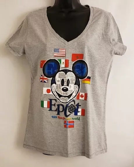 Disney Parks Mickey Mouse Epcot Women's Gray V-Neck T-Shirt Top Size L NWT