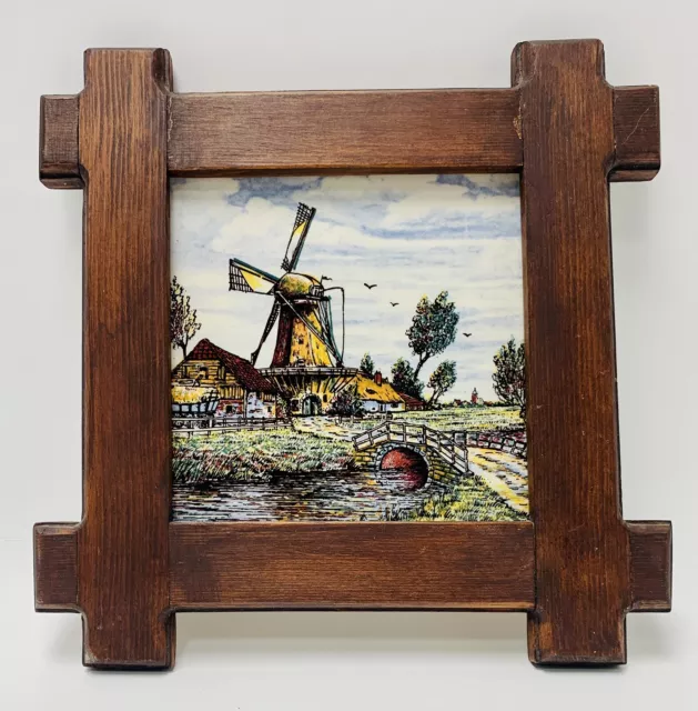 VINTAGE DELFT HOLLAND Windmill FRAMED CERAMIC TILE HAND PAINTED 6” Tile + Frame