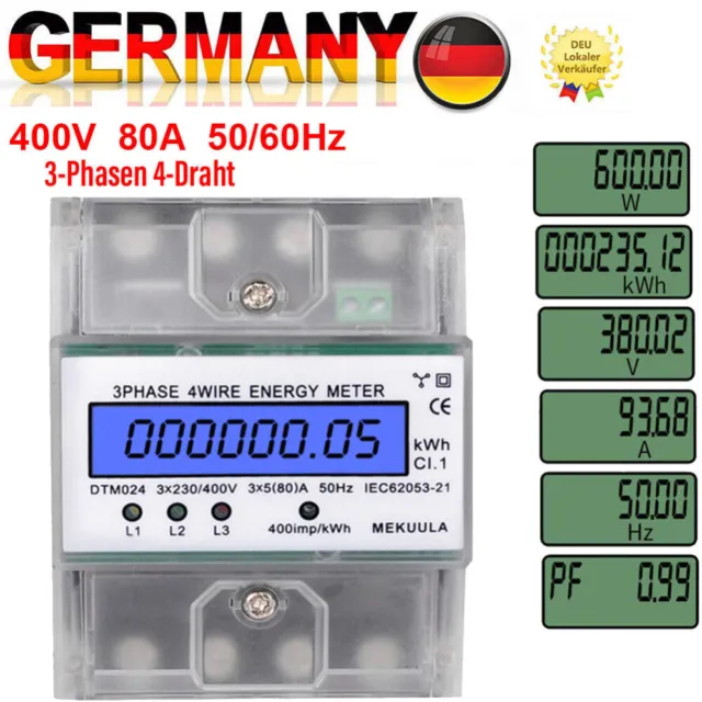 Stromzähler LCD Drehstromzähler Kalibriert 1/3Phasen Für DIN Hutschiene 2/4Draht