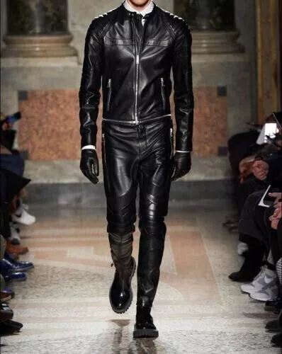 Men's Black Fall/Winter Pure Leather Jumpsuit Soft Real Sheepskin Leather Suit