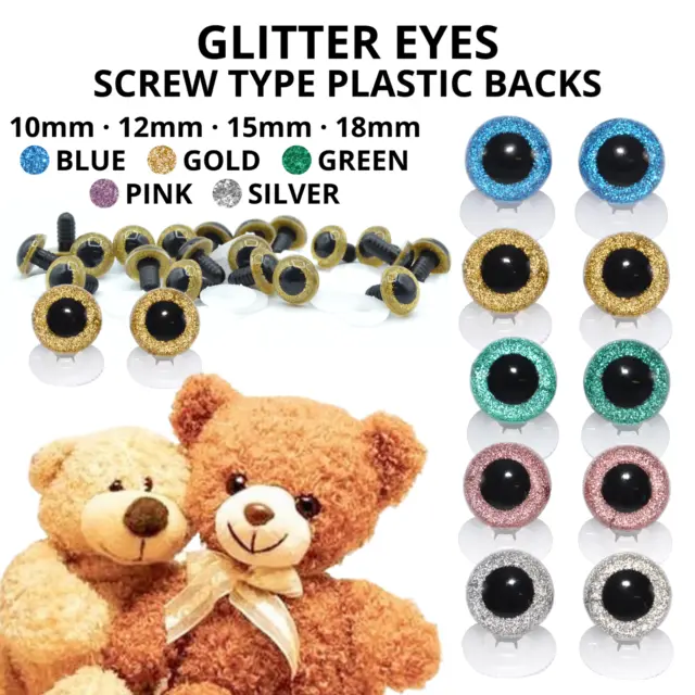 GLITTER SAFETY EYES -  Screw Type w/Plastic Backs - Teddy Bear Stuffed Soft Toy