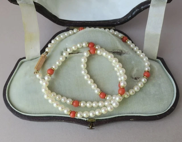 Collier Choker Perles De Culture Akoya Et Corail - Rondelles Or 18 Carats Rose - Occasion Très Bon état