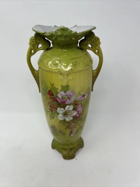 Antique Royal Wettina? Double Handle Green/Gold Floral Porcelain Vase Urn