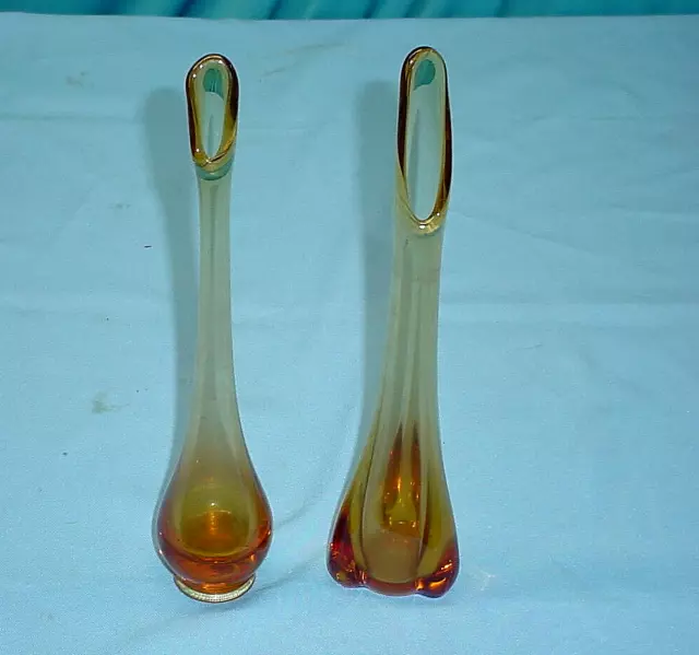 2 Vintage MCM Viking Glass 12” Swung Bud Vase Amber Brown Art Stretched Flower