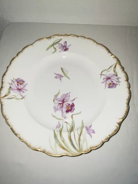 Grand Plat rond et semi creux aux Iris en porcelaine de Limoges /Art Nouveau