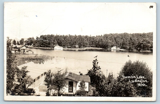 Postcard MI Ludington Hamlin Lake View c1940s Homes RPPC Real Photo U8