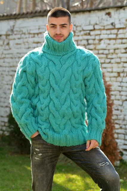 HAND KNITTED WOOL Sweater, Light Blue Turtleneck, Cable Designer ...