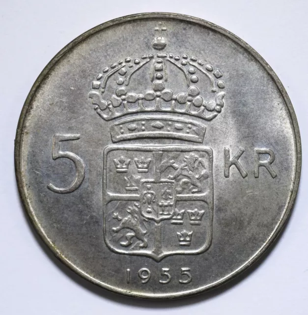 1955, Sweden, 5 Krona, Gustaf VI Adolf, aUNC, Silver, KM# 829, Lot [1632]