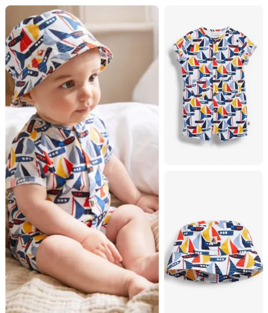 💙NEXT Baby Boys Summer Sailboats Romper Hat Set Outfit 3-6 Months Cotton BNWT💙