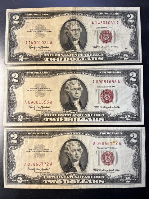 1963 Two Dollar Bill RED SEAL Legal Tender $2 Note CRISP CURRENCY LOT USA MONEY