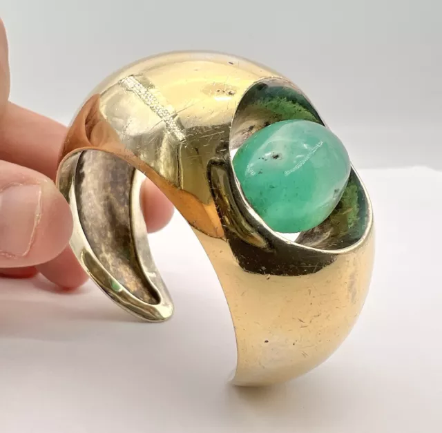 Antonio Pineda Modernist Taxco Mexican 970 Silver Green Agate Gold Cuff Bracelet