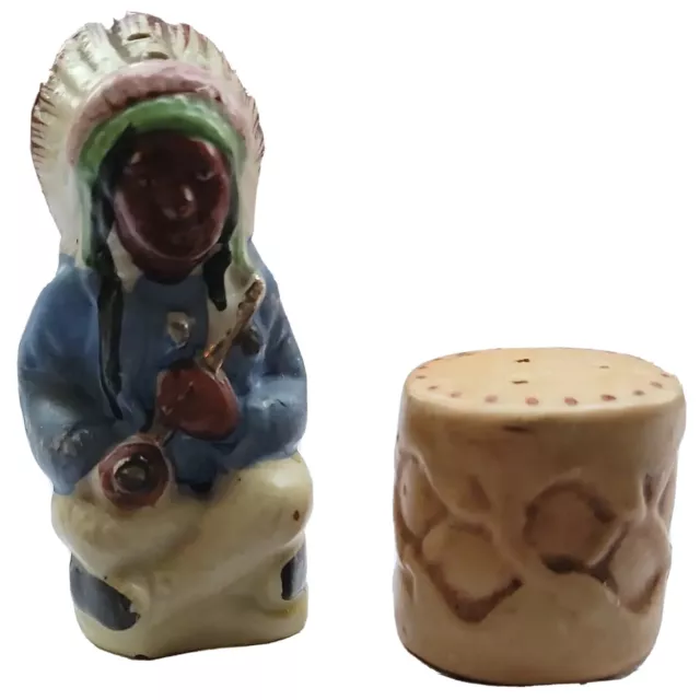 Sitting Indian Chief with Pipe and Drum Salt and Pepper Shakers Vintage Japan