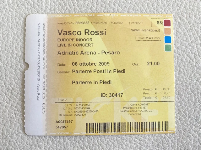 Biglietto Concerto Vasco Rossi Europe Indoor 2009 Pesaro - Usato