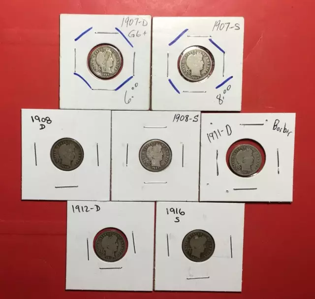1907D-1916S US Barber SILVER Dimes Set of 7 Different Mint Marked Carded Coins!