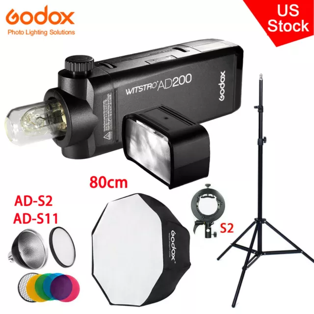 US Godox AD200Pro 2.4G TTL HSS Flash Speedlite+80cm Umbrella Softbox Stand  Kit