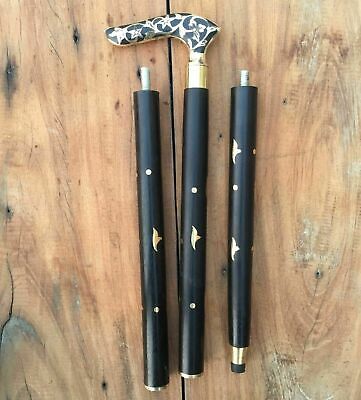 Designer Brass Inlaid Cane Antique Victorian Walking Stick Black Wooden Gift