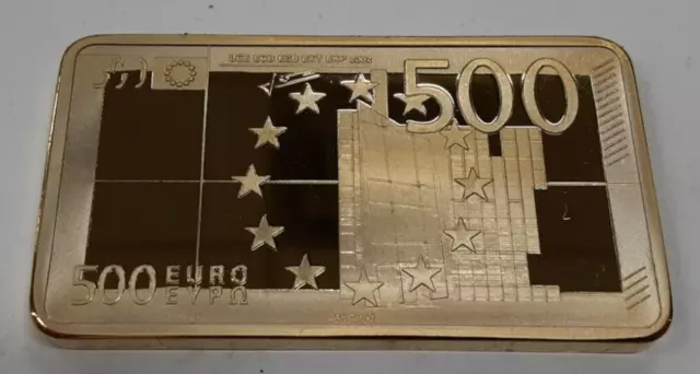 One Ounce 24K Gold Plated Bar w/Design of a 500 Euro Note in Capsule