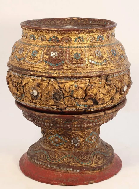 Burmese Shan 3 piece gold Lacquer Temple offering bowl on stand sale 2
