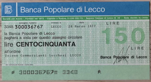 Miniassegni Banca Popolare Di Lecco Lire 150