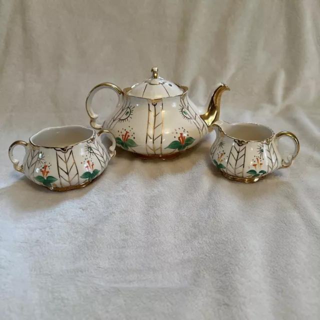 ELLGREAVE WOOD & SONS ENGLAND TEA Set Pot Creamer Sugar Gold Orange Green