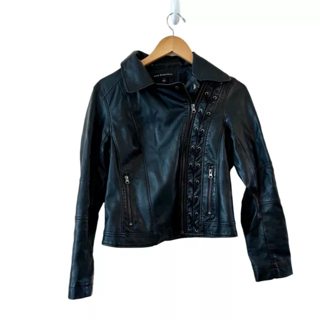 Rock & Republic Jacket Women's Medium Black Faux Leather Moto Grunge Bikercore