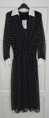 Zara Black White Collared Midi Polka Dot Print Dress With Smocked Waist Size M