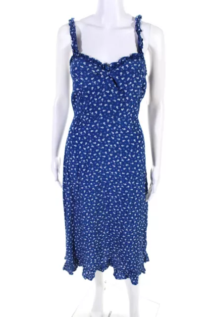 Faithfull The Brand Womens Floral Print Mid-Calf A-Line Dress Blue White Size M