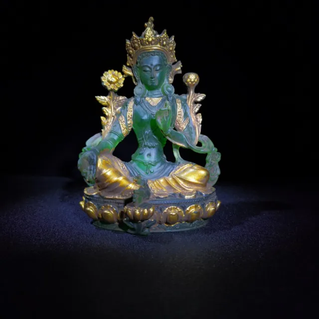 Chinese old Coloured glaze gilt handcarved exquisite green tara statue 102383