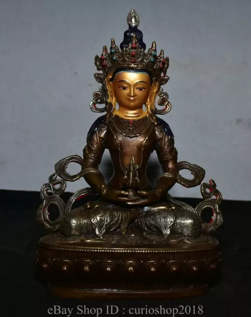 8.8" Old Chinese Bronze Gilt Buddhism Amitayus longevity God Goddess Statue