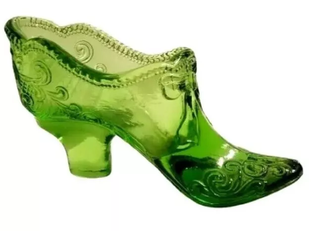 Vintage Mosser Miniature Glass Victorian Slipper Shoe Green Embossed Bow Scrolls